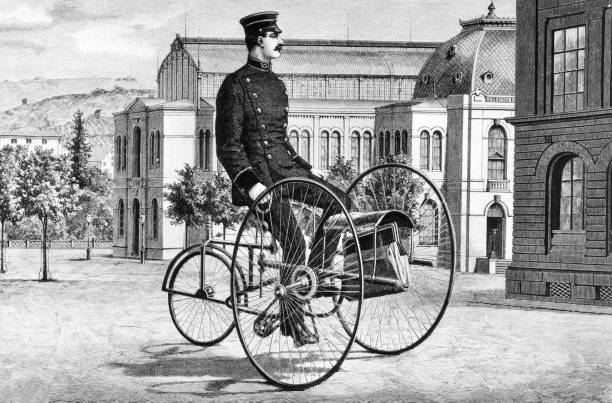 Velocipede, tricycle in action for the Royal Post Office in Stuttgart, collection of letters and documents Illustration from 19th century. adult tricycle stock illustrations