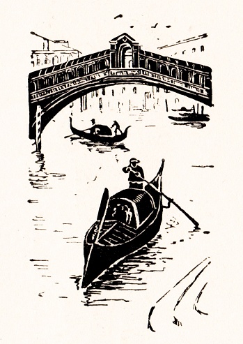 A silhouette of a gondola on a canal in Venice, Italy. Illustration published 1893. Source: Original edition is from my own archives. Copyright has expired and is in Public Domain.