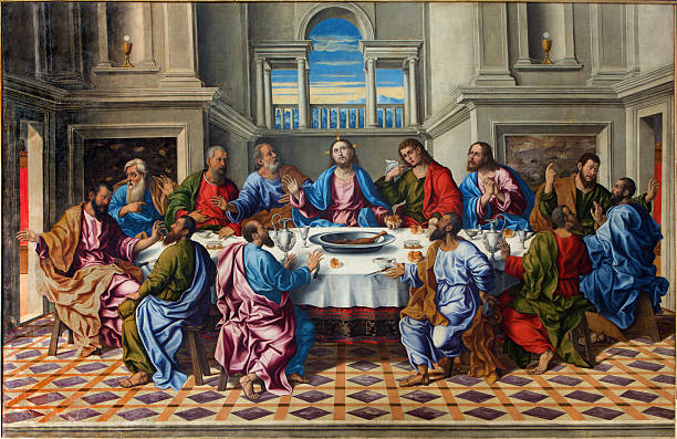 Venice - The Last supper of Christ by Santacroce Venice - The Last supper of Christ "Ultima cena" by Girolamo da Santacroce (1490 - 1556)  in church San Francesco della Vigna. saints stock illustrations