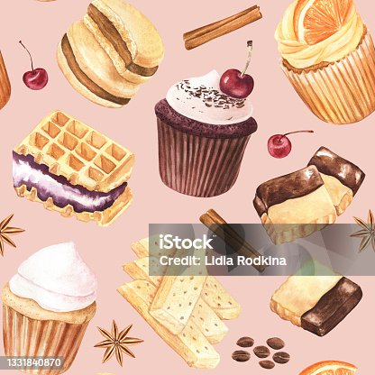 istock Vibrant and sweet seamless pattern with cupcakes, cookies and spices on a light cherry background. Elements are hand painted with watercolors. 1331840870
