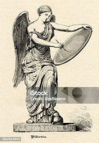istock Victoria goddess of victory writing names of winners onto shield 1367643940
