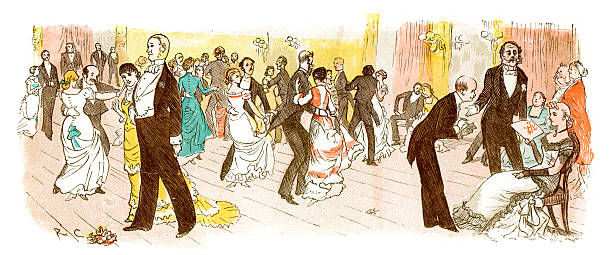 Victorian Ball Vintage Victorian Colour engraving of people dancing at a ball. 1880s victorian gown stock illustrations