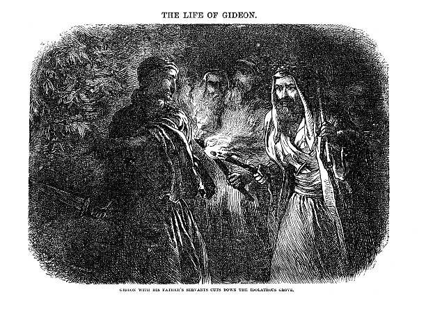 Victorian bible illustration Gideon cuts down the idolotrous grove vector art illustration