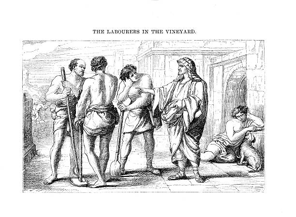 Victorian bible illustration  Parable Labourers in the vineyard vector art illustration