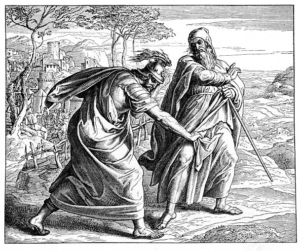Victorian bible illustration Samuel rebukes Saul for sparing King Agag vector art illustration