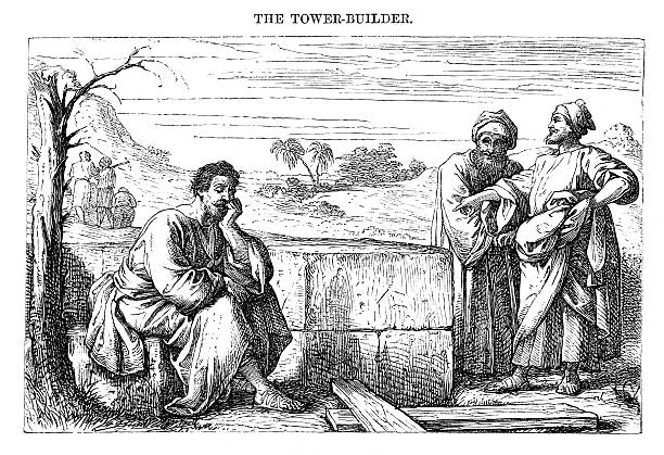 Victorian bible illustration The tower builder  Jesus story vector art illustration