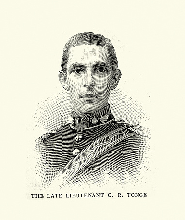 Vintage illustration, Victorian British soldier, Lieutenant Cecil Richard Tonge, of Bombay Sappers, 1890s 19th Century. Killed durong the Tirah campigan