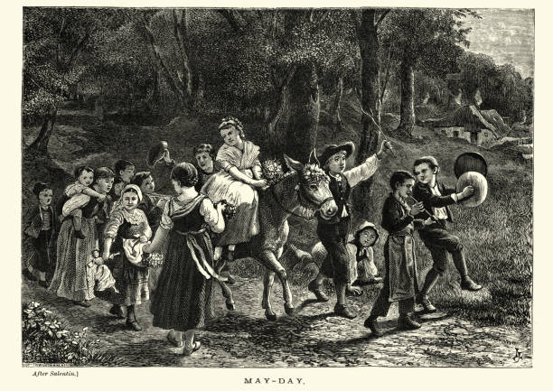 Vintage engraving of Victorian children in a May Day procession, 19th Century, The  Leisure Hour, 1872