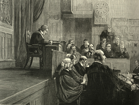 Vintage illustration of Victorian courtroom, Judge, Jury, Lawyers, 1888, 19th Century. During the case Mr. O'Donnell vs. The Times newspaper