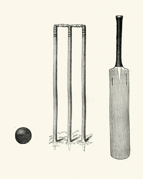 illustrazioni stock, clip art, cartoni animati e icone di tendenza di palla da pipistrello da cricket vittoriana e wicket 19th century - pioli