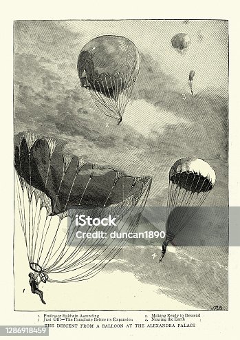 istock Victorian Daredevil, Thomas Scott Baldwin parachute jump from balloon 1286918459