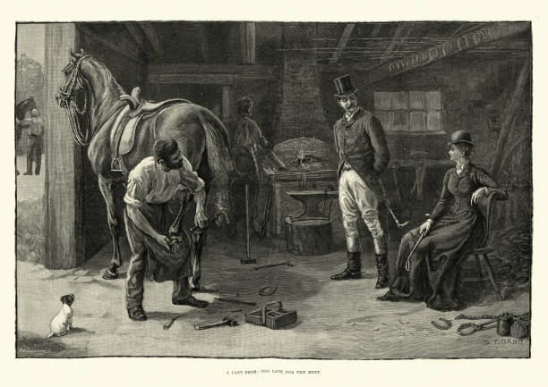 bildbanksillustrationer, clip art samt tecknat material och ikoner med victorian hovslagare skoning en häst som har kastat en sko - horse working