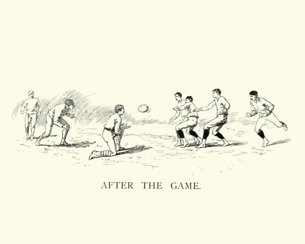 Victorian game of rugby Vintage engraving of a group of victorian era men playing a game of rugby. 1892 rugby league stock illustrations