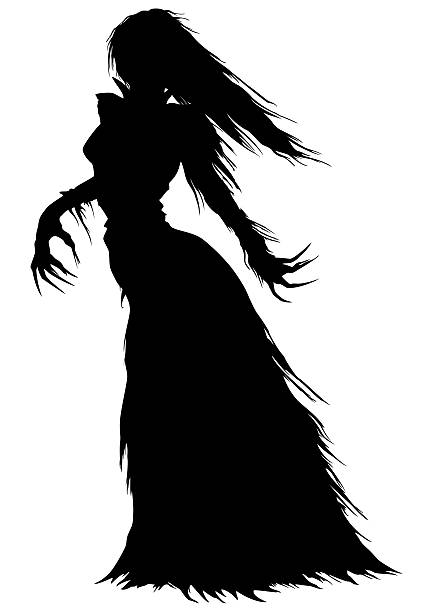 Victorian ghost or a vampire woman silhouette Abstract woman with long hairs and curved fingers in a ball gown with ragged edges demon fictional character stock illustrations