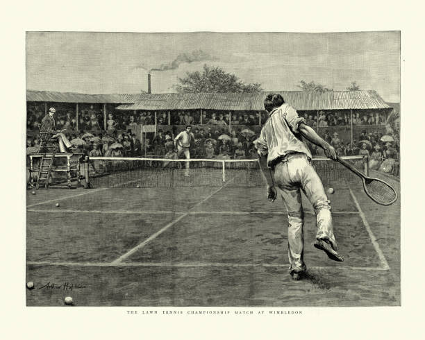викторианский матч по теннису на лужайке, 1888 уимблдонский чемпионат - wimbledon tennis stock illustrations