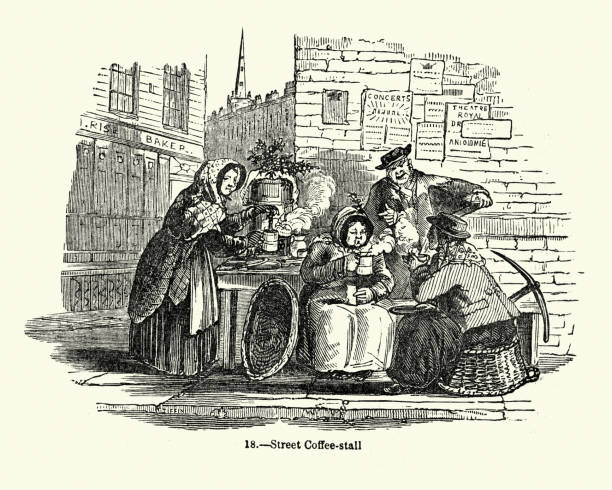 illustrazioni stock, clip art, cartoni animati e icone di tendenza di victorian london - bancarella di caffè di strada, metà del xix secolo - mercato vintage