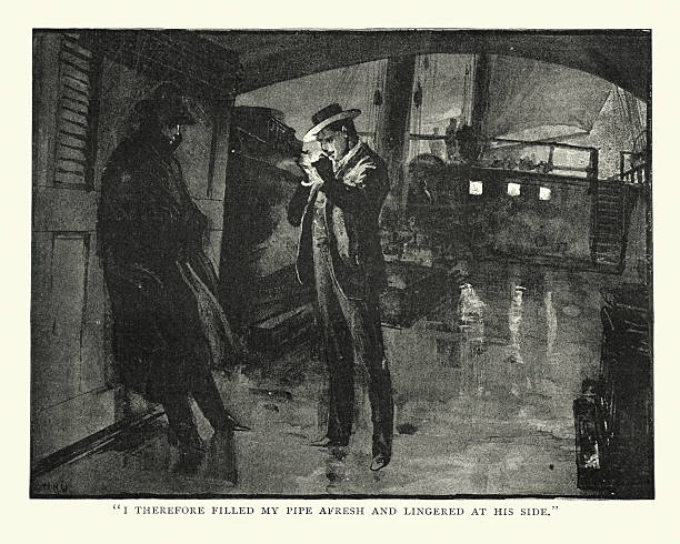 stockillustraties, clipart, cartoons en iconen met victorian men smoking a pipe on the deck - fluisterboot