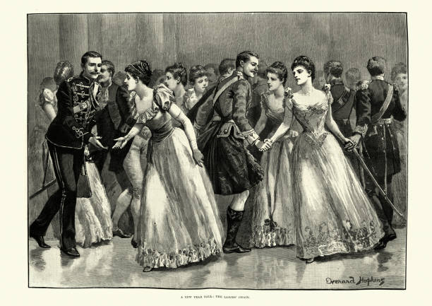 Victorian New Years Ball, Dancing the Ladies' chain, 19th Century Vintage engraving of Victorian New Years Ball, Dancing the Ladies' chain, 19th Century victorian gown stock illustrations