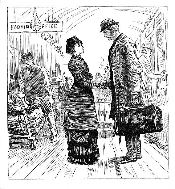 Victorian railway station farewell  from 1880 journal vector art illustration