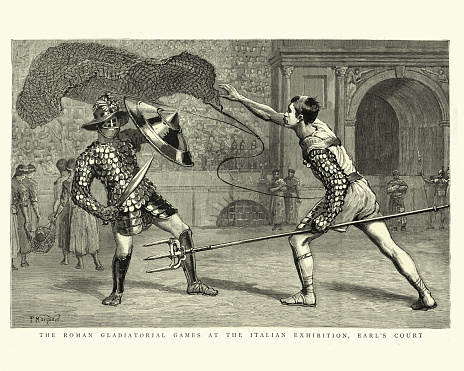 Vintage illustration of Victorian reenactment of Roman gladiatorial games, Earl's court, 1888, 19th Century.
