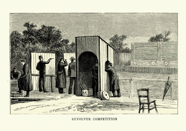 Victorian shooting competition, revolver, National Rifle Association, Wimbledon Vintage illustration of shooting competition, revolver, Meeting of the National Rifle Association, Wimbledon, 1880s, 19th Century nra stock illustrations
