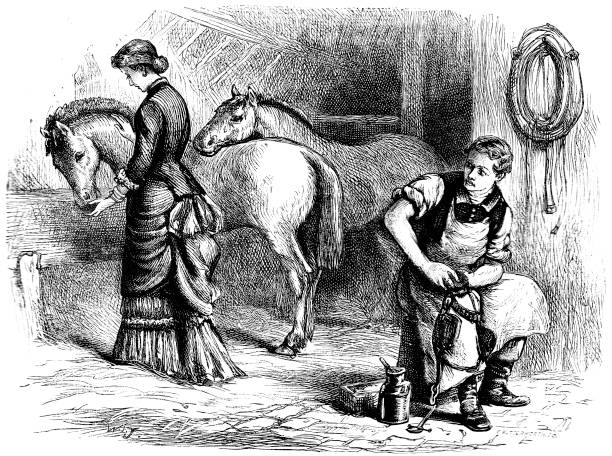 bildbanksillustrationer, clip art samt tecknat material och ikoner med viktorianska berättelsen illustration av en man som arbetar i en stabil medan en dam som talar till hästarna; 1800-talet stall och relationer 1883 - working stable horses