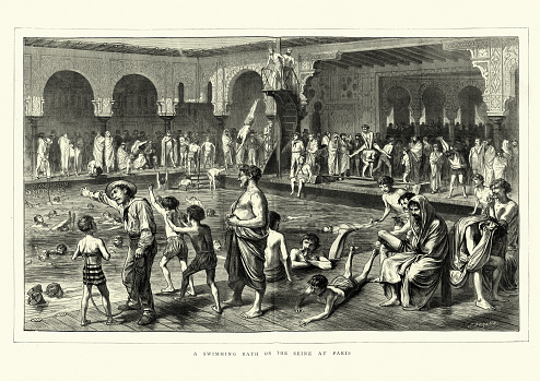 Vintage engraving of a scene at a Victorian swimming pool on the Seine, Paris, France. Children learning to swim, young men using a drive platform, 1872