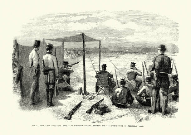 Victorian target shooting competition, Wimbledon Common, National Rifle Association, 1860s, 19th Century Vintage illustration of Victorian target shooting competition, Wimbledon Common, National Rifle Association, 1860s, 19th Century. nra stock illustrations