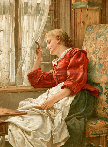 A young late Victorian woman sitting on a chair and peeping through sunlit window curtains. She is smiling, so perhaps she can see something amusing, or someone she knows. Frontispiece from “The Girls’ Own Paper”, a bound collection of monthly magazines for 1896-97 with work by various artists. The magazine was edited by Charles Peters and published by the Religious Tract Society, London.