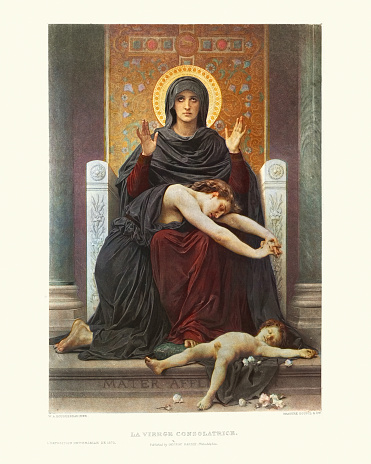 Vintage illustration of Vierge Consolatricem after William Adolphe Bouguereau, Virgin Mary consoling a grieving mother