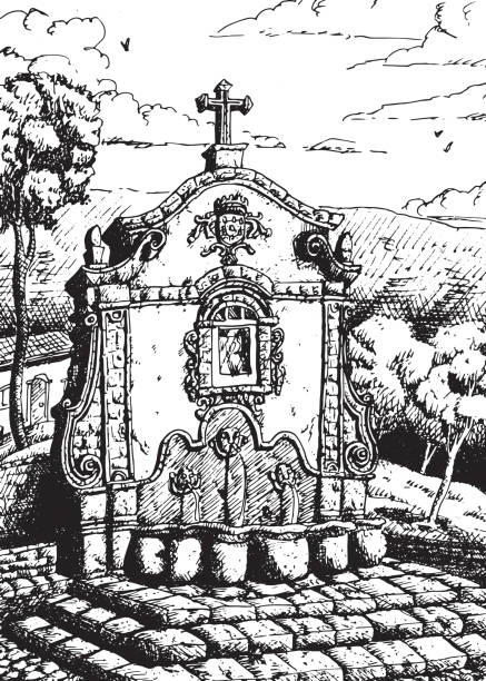 stockillustraties, clipart, cartoons en iconen met mening van een oude fontein in barokke stijl bij tiradentes. een historisch stadje op het platteland van brazilië. inkttekening. - old stone stair
