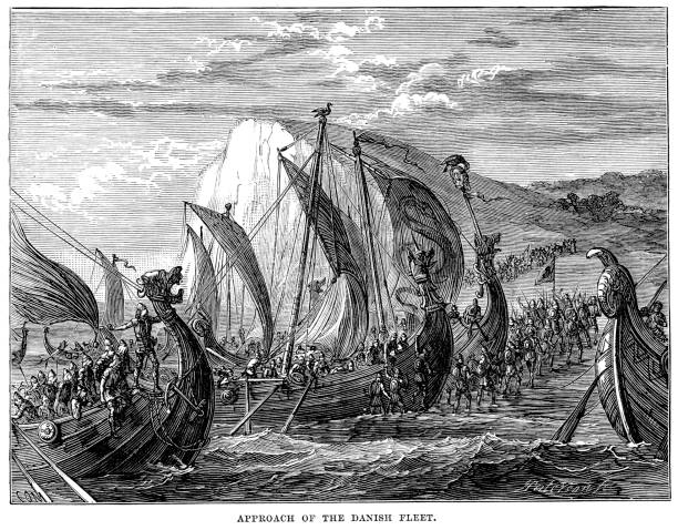 Viking Invasion Vintage engraving showing Danish Vikings invading Britain military invasion stock illustrations