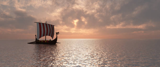 bildbanksillustrationer, clip art samt tecknat material och ikoner med viking ship at dusk - vikings