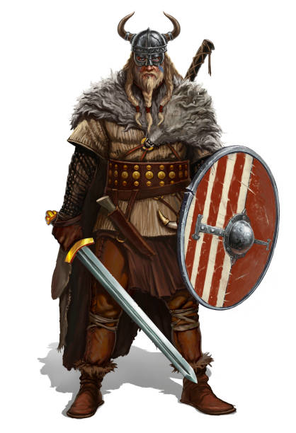 Viking with sword and shield on white realistic illustration Viking with sword and shield on white realistic illustration. Barbarian in a horned helmet with a shield and a sword. sword beach stock illustrations