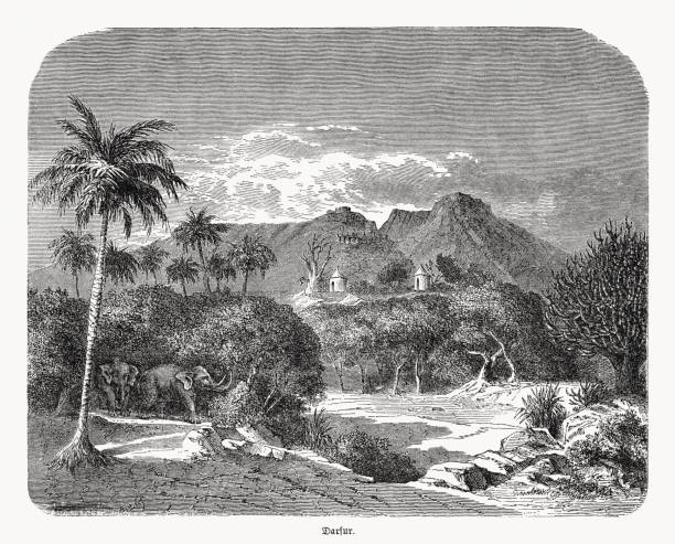 Historical view of a village in Darfur (Western Sudan). Wood engraving, published in 1868.