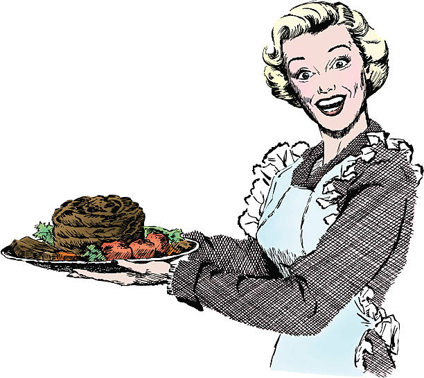 Vintage 1950s Woman Serving Dinner Vintage 1950s etched-style woman serving roast for dinner.  Detailed black and white from authentic hand-drawn scratchboard includes full colorization. For more vintage advertising art in my portfolio. Click this banner. housewife stock illustrations