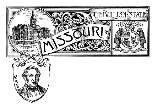 Vintage banner with emblem and landmark of Missouri, portrait of Benton