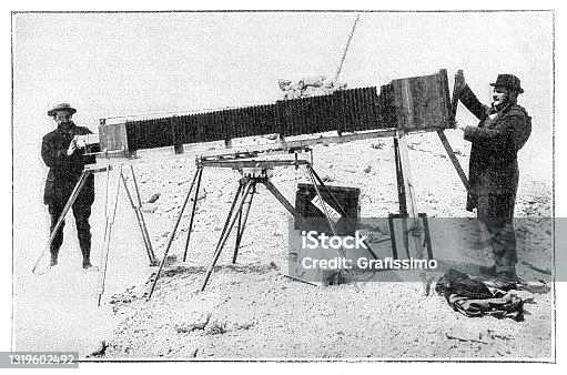 istock Vintage bellows camera with photographer 1896 1319602492