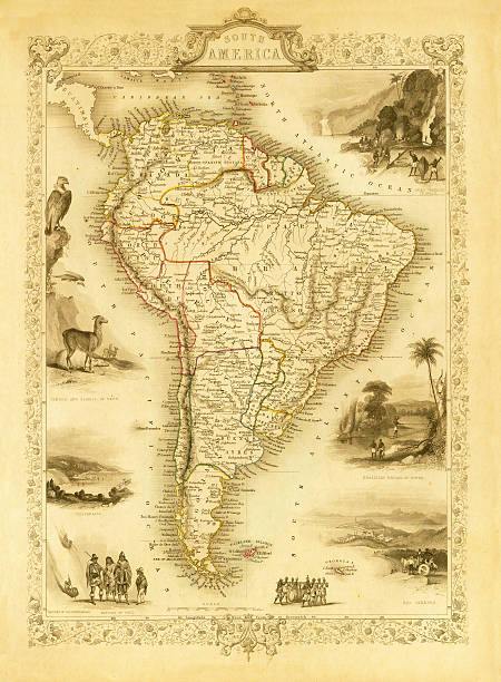 Vintage Decorative Map of South America (XXXL Resolution Image) "Antique decorative map of South America in XIX century with decorative vignettes and portraits. Original artwork published by J.Tallis and Sons, London and New York, 1851.  CLICK ON THE LINKS BELOW FOR HUNDREDS OF SIMILAR IMAGES:" river borders stock illustrations
