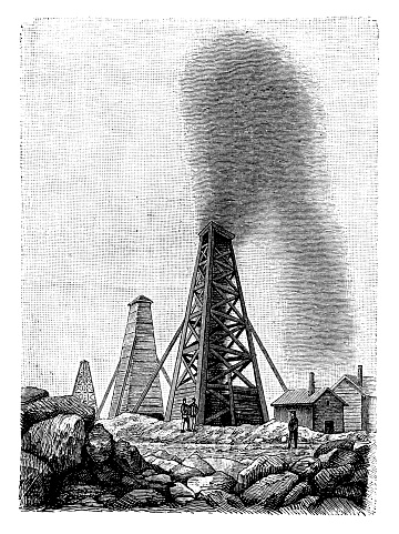 Illustration of a Vintage engraving of Petroleum wells of Baku, Azerbaijan, 19th Century. Oil well fountin, Harbour of Baku.