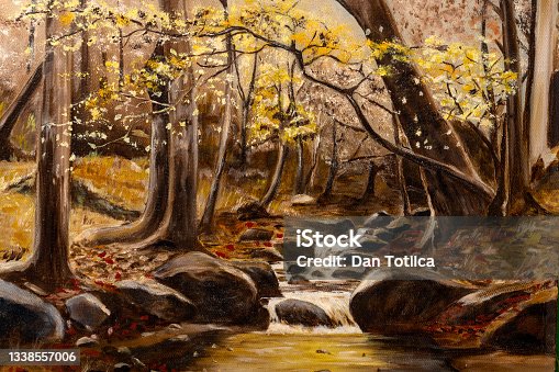 istock Vintage Forest Creek Landscape Oil Painting 1338557006