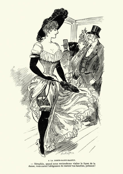 Vintage French cartoon, Beautiful woman with a split up the side of her skirt, 19th Century vector art illustration