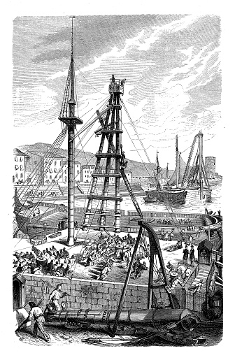 Vintage illustration about the use of hand gears and capstans in a shipyard, lifting and positioning the masts in the building of a ship