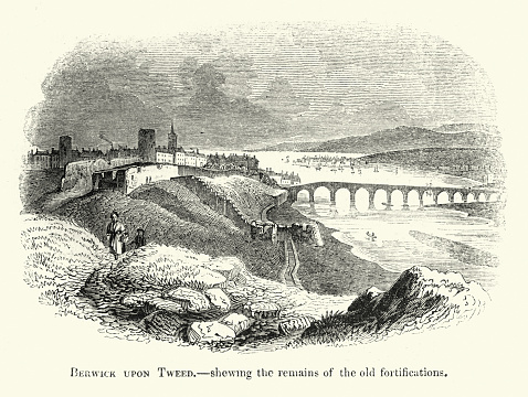 Vintage illustration of Berwick upon Tweed, Northumberland, England, ruined walls, old bridge
