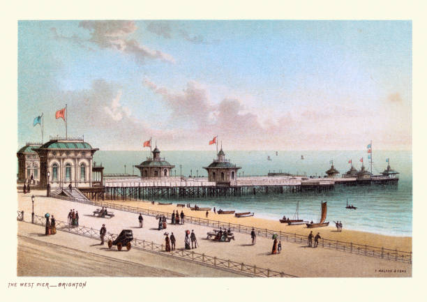 vintage illustration of the west pier, brighton, east sussex, a seaside resort. victorian, 19th century - brighton stock illustrations