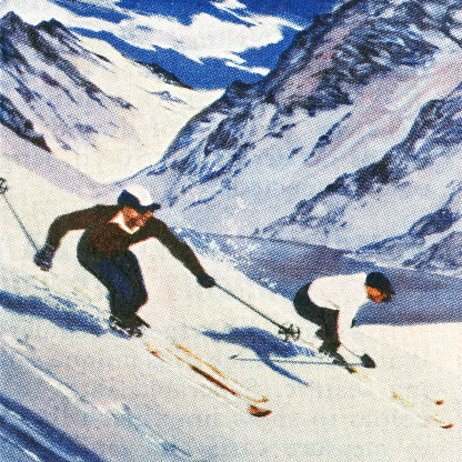Vintage illustration of two men skiing in mountains