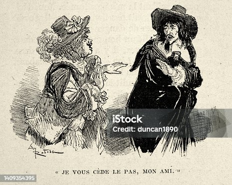 istock Vintage illustration, Two men in 17th Century style fashion, Je cede le pas, mon ami 1409354395