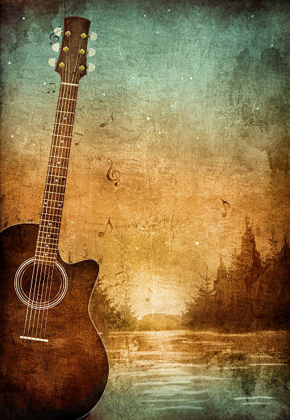 Vintage old paper texture with guitar in nice lake scene Old Paper. Retro Music Party Texture Background guitar backgrounds stock illustrations