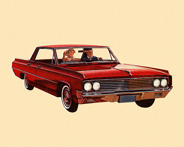 stockillustraties, clipart, cartoons en iconen met vintage red car - man with car