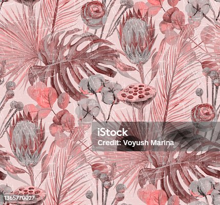 istock Vintage shabby watercolor pattern with tropical dried flowers of protea and monstera leaves 1365770027